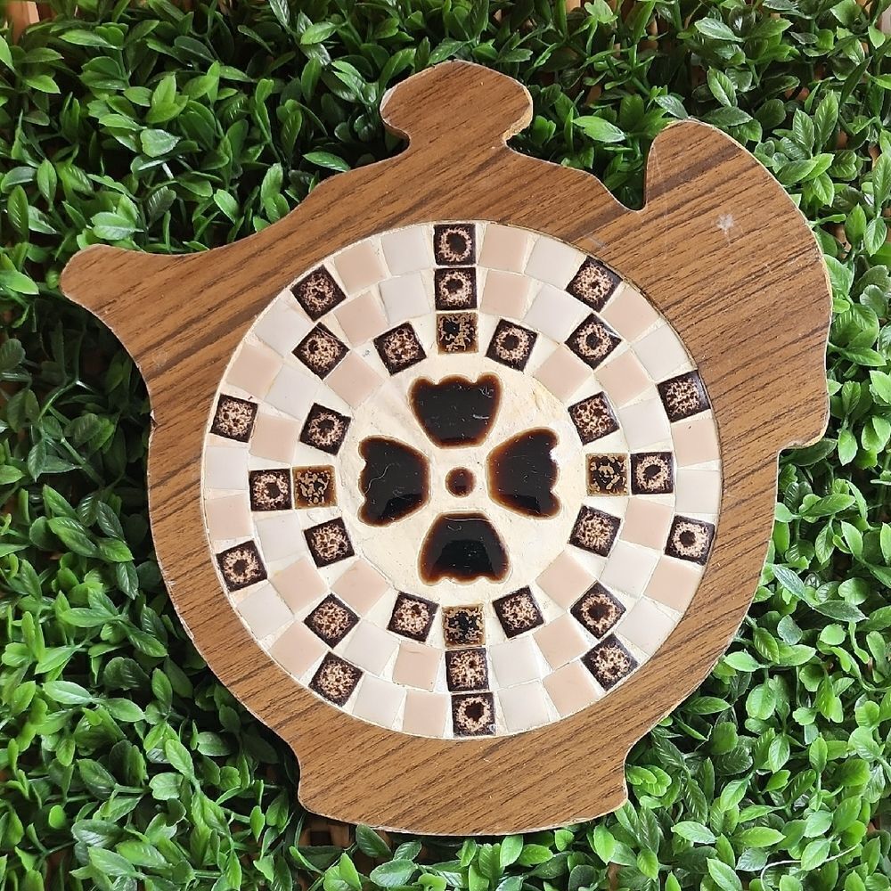 Vintage Wood & Tile Pottery Teapot Shaped Trivet